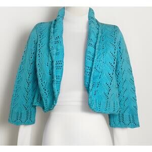 For The Republic Women’s Small Blue Open Knit Cardigan 100% Cotton Ruffle Shrug